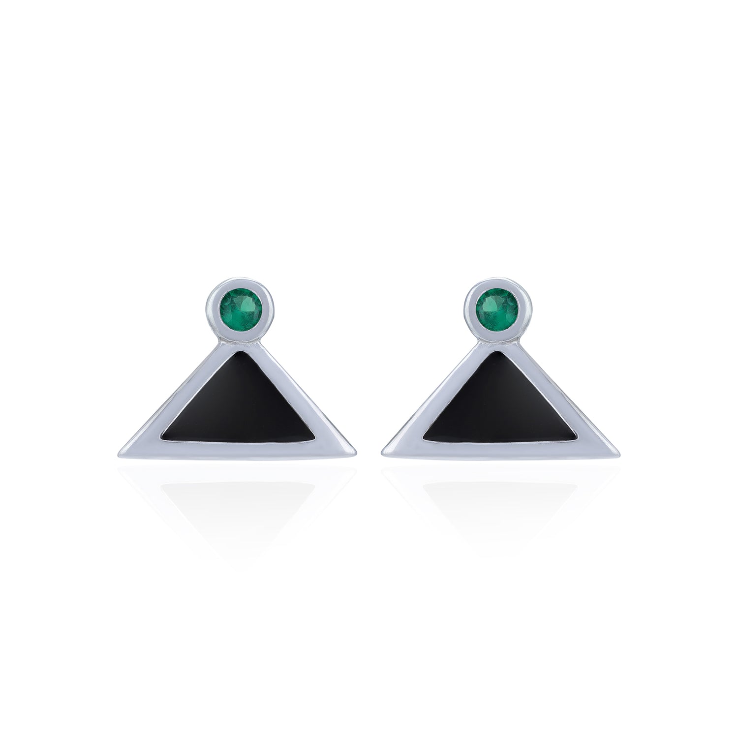 Pair of earrings with triangular black stones and green gemstones on a white background