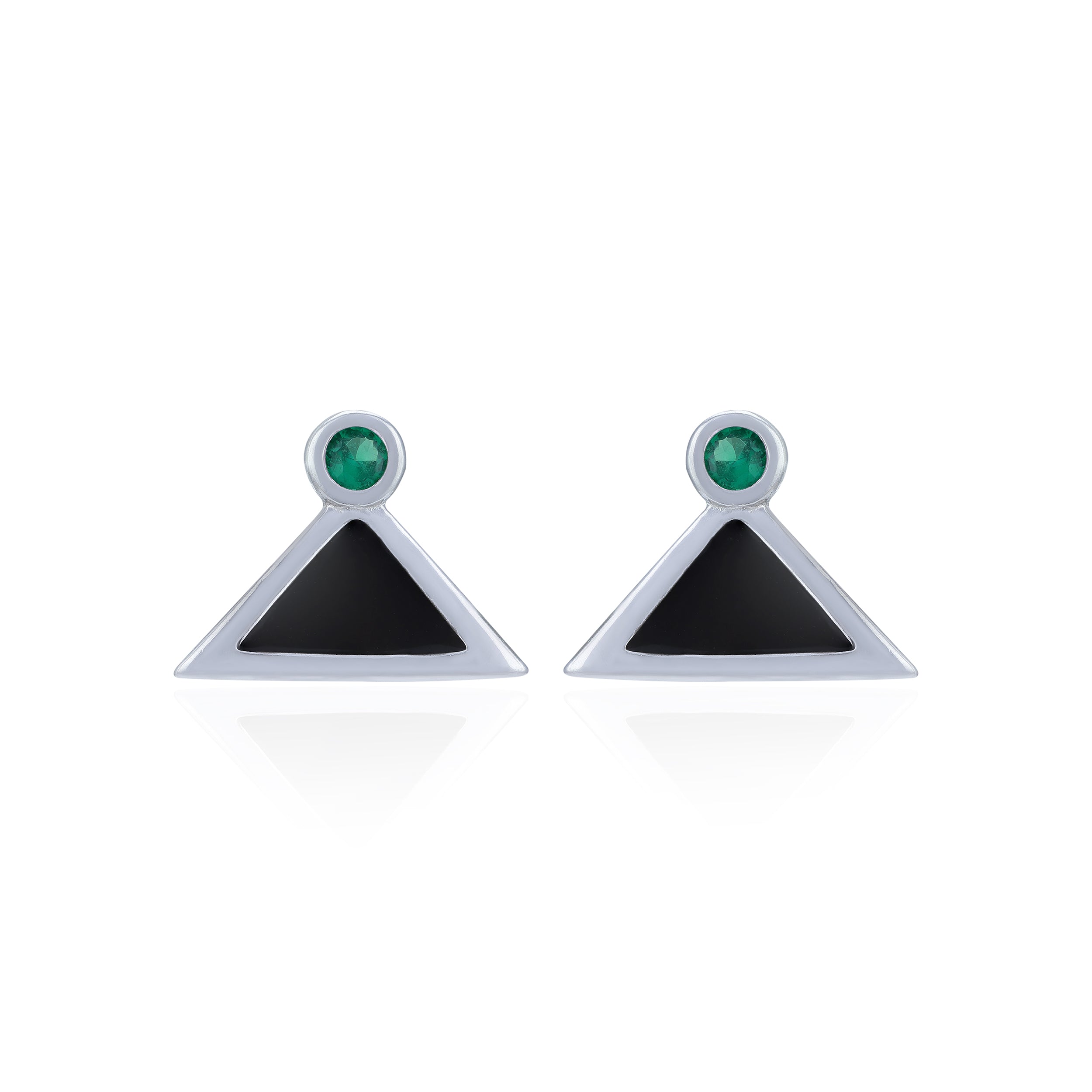 Pair of earrings with triangular black stones and green gemstones on a white background