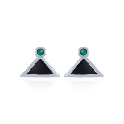 Pair of earrings with triangular black stones and green gemstones on a white background