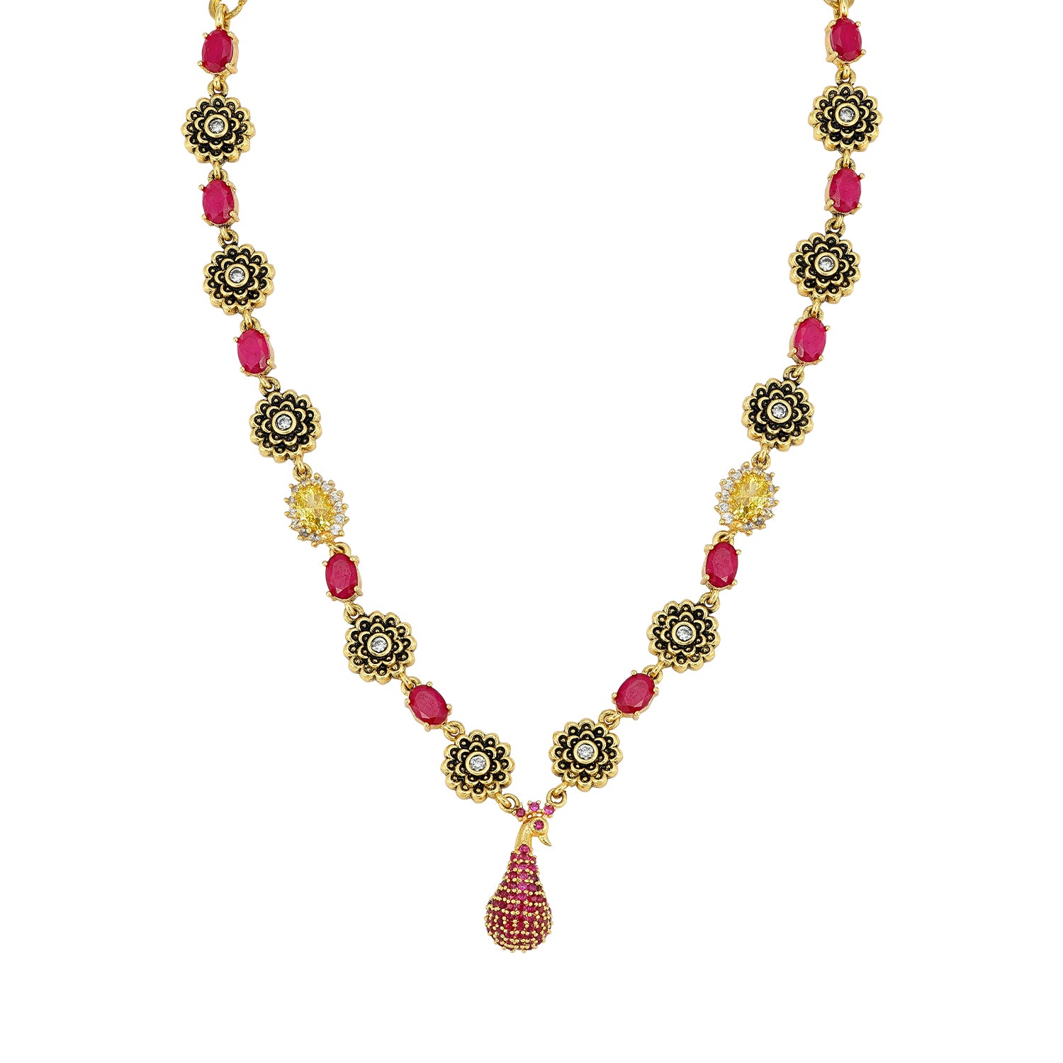 925 Sterling Silver Ruby Peacock Floral Necklace for Women