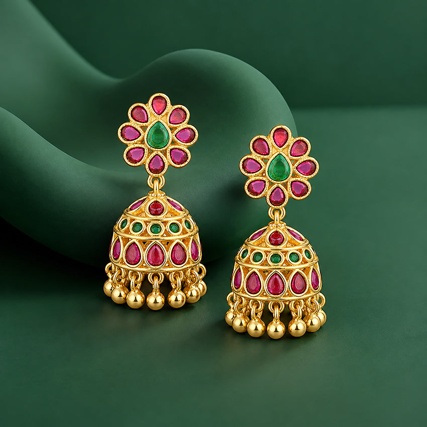 925 Sterling Silver Vibrant Ruby Green Blossom Jhumka for Women