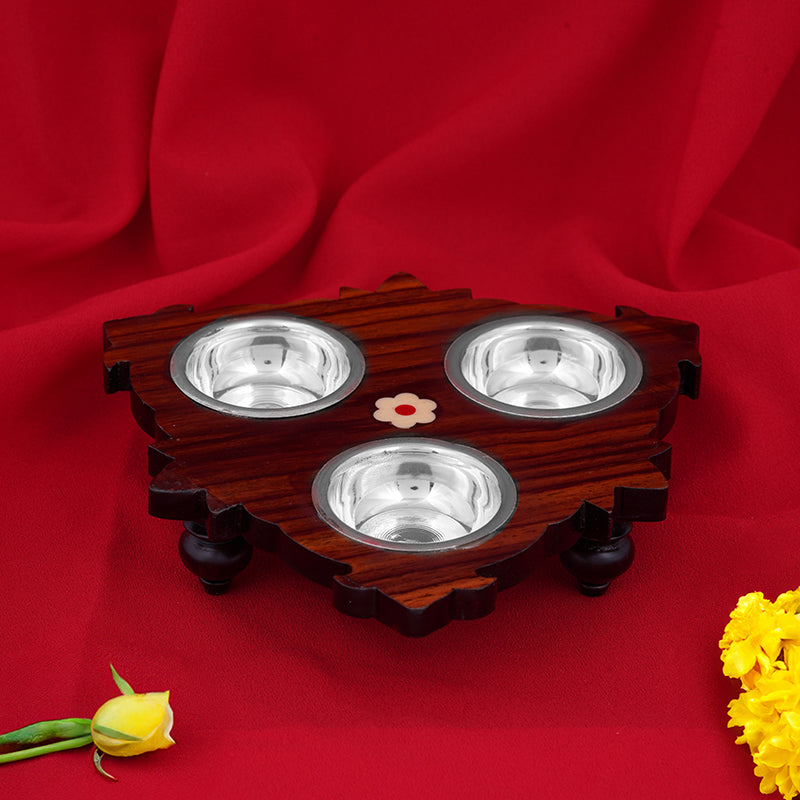 925 Sterling Silver 3 Bowls Rosewood Stand For Pooja