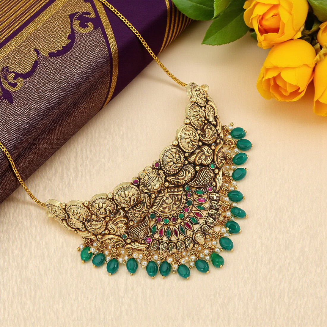 925 Sterling Silver 925 Sterling Silver Ornate Emerald Crown Necklace for Women