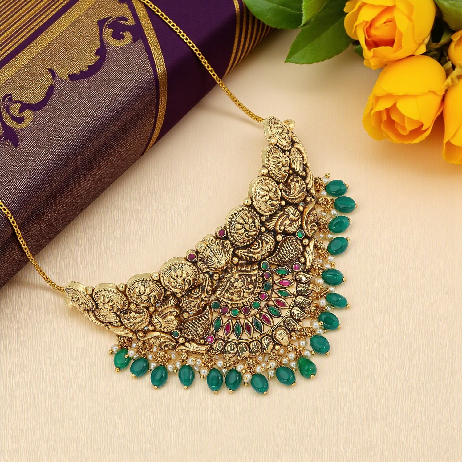 925 Sterling Silver 925 Sterling Silver Ornate Emerald Crown Necklace for Women