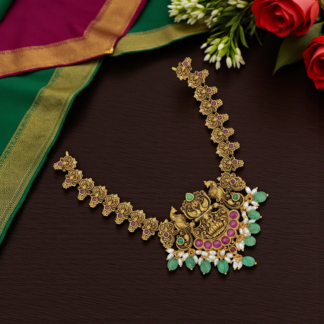 925 Sterling Silver Ancestral Peacock Lakshmi Haaram for Women