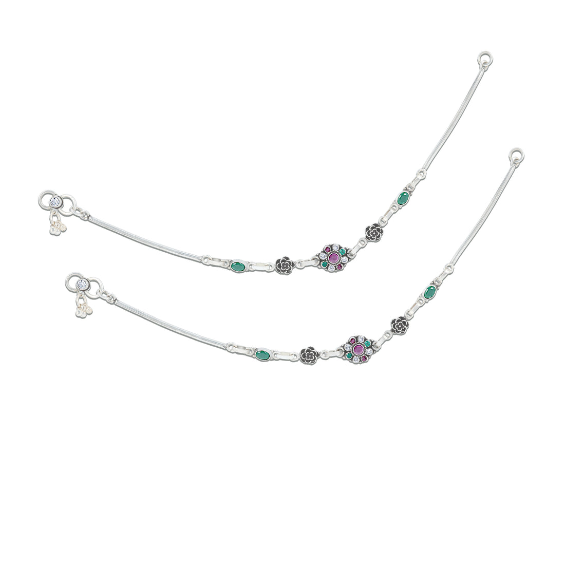 925 Sterling Silver Antique Floral Green and Ruby Accents Anklet for Women