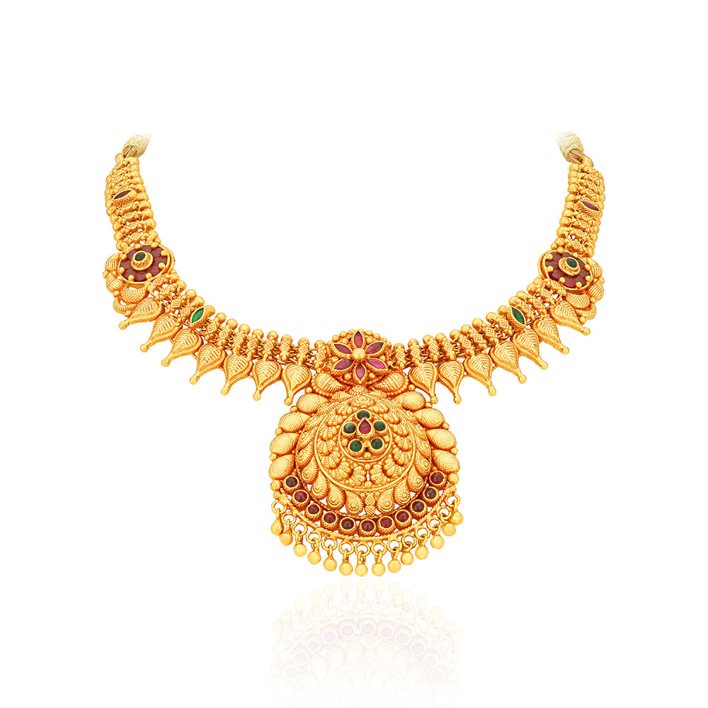 925 Sterling Silver Antique Mallige Floral Center Ruby Emerald Necklace For Women