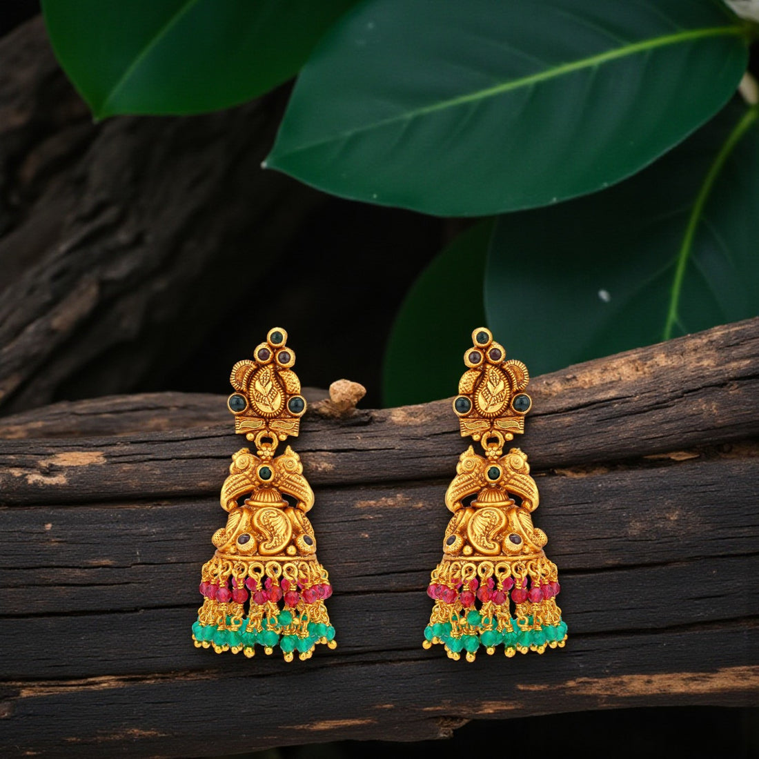 925 Sterling Silver Antique Peacock Ruby Emerald Jhumkas for women