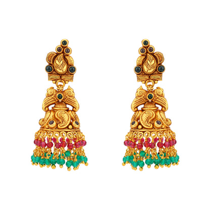 925 Sterling Silver Antique Peacock Ruby Emerald Jhumkas for women