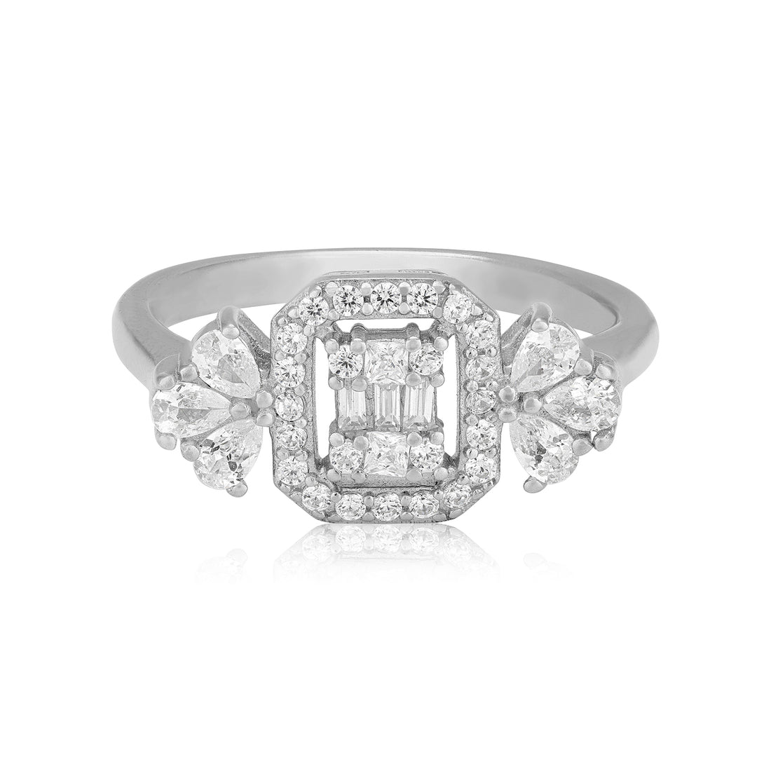 925 Sterling Silver Art Deco Inspired Emerald Pear Cut Baguette Ring for Women