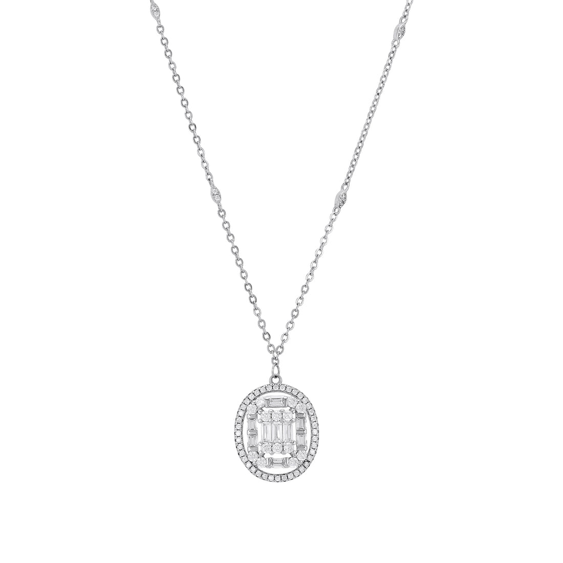 925 Sterling Silver Art Deco Oval Baguette Round Layered Halo Chain Pendant for Women