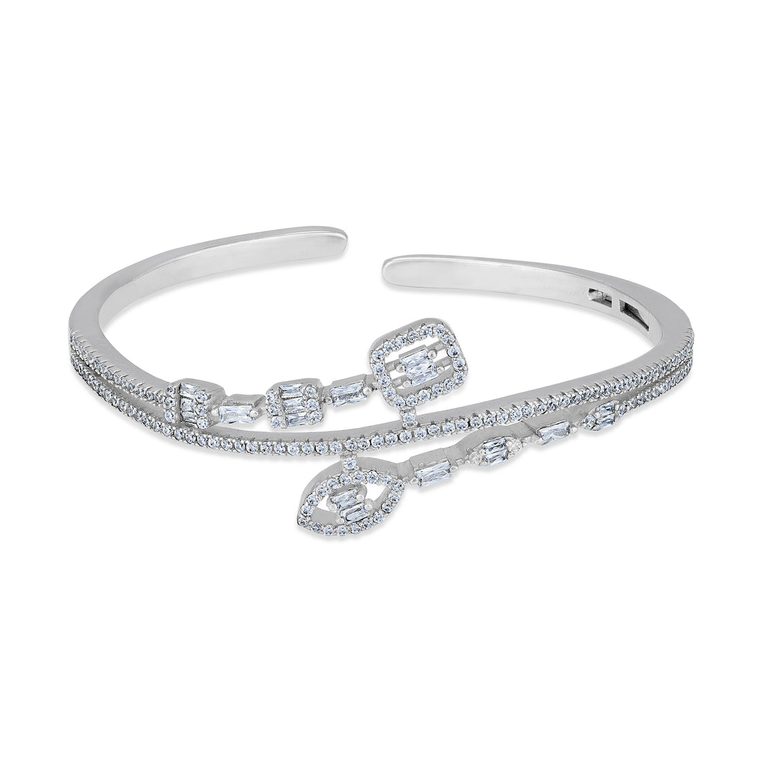 925 Sterling Silver Baguette-Cut Geometric Flow Open Cuff Bracelet for Women