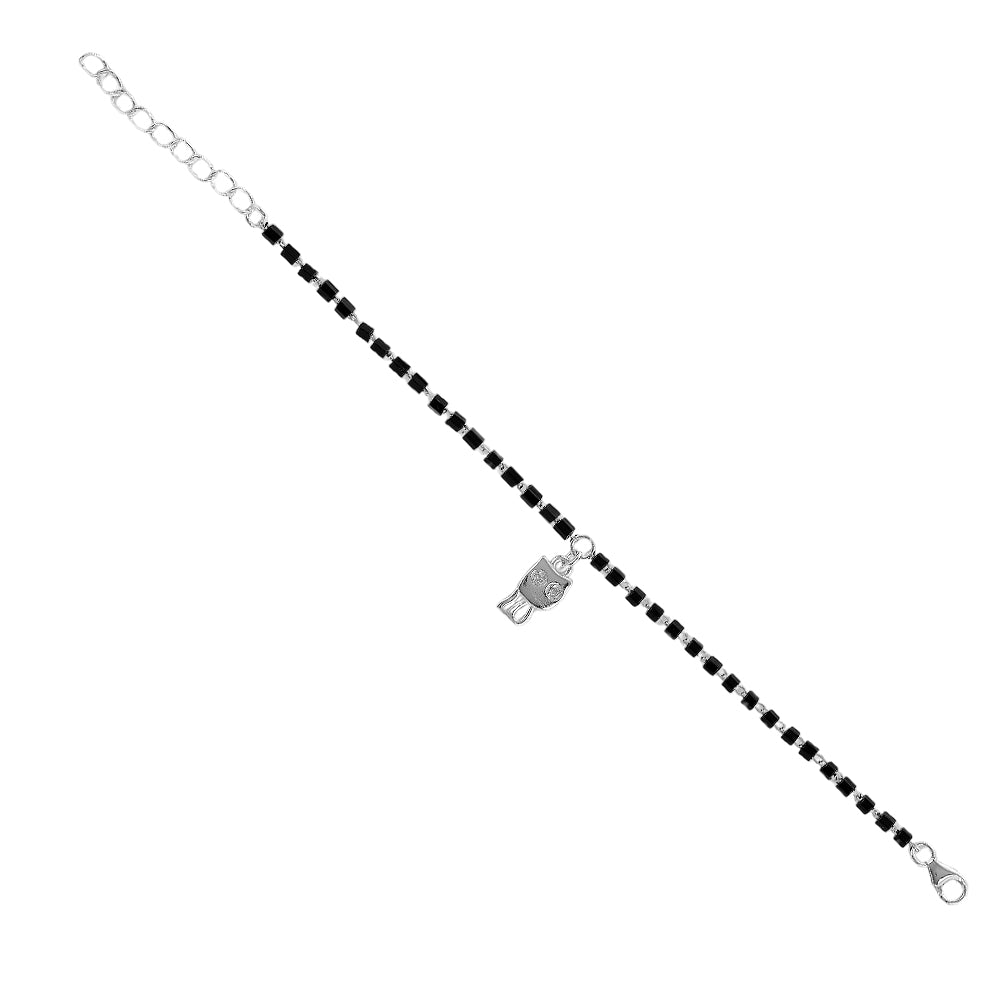 925 Sterling Silver Black Beads Cat Charm Drop Bracelets For Kids