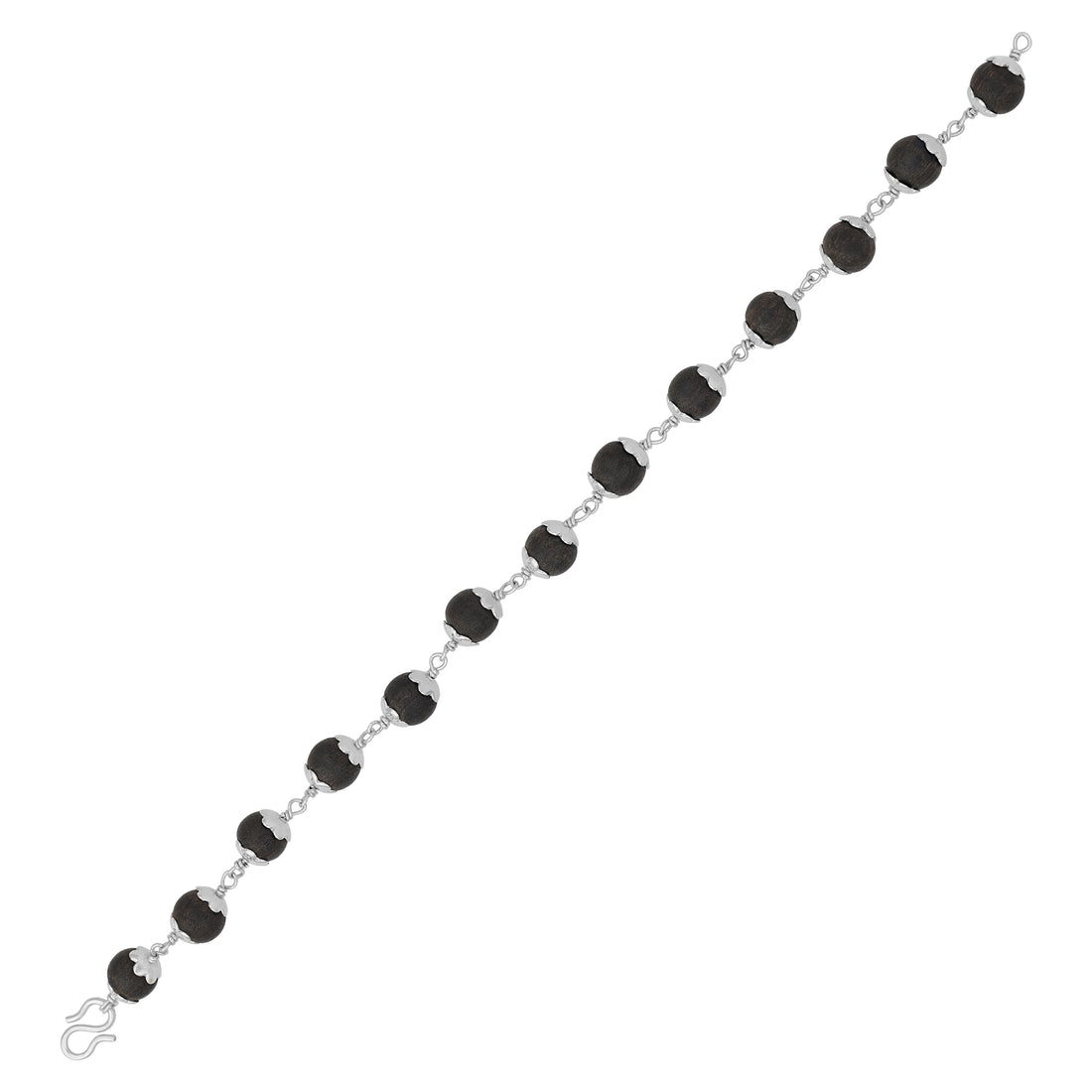 925 Sterling Silver Black Tulsi Bead Traditional Silver Cap Bracelet for Men