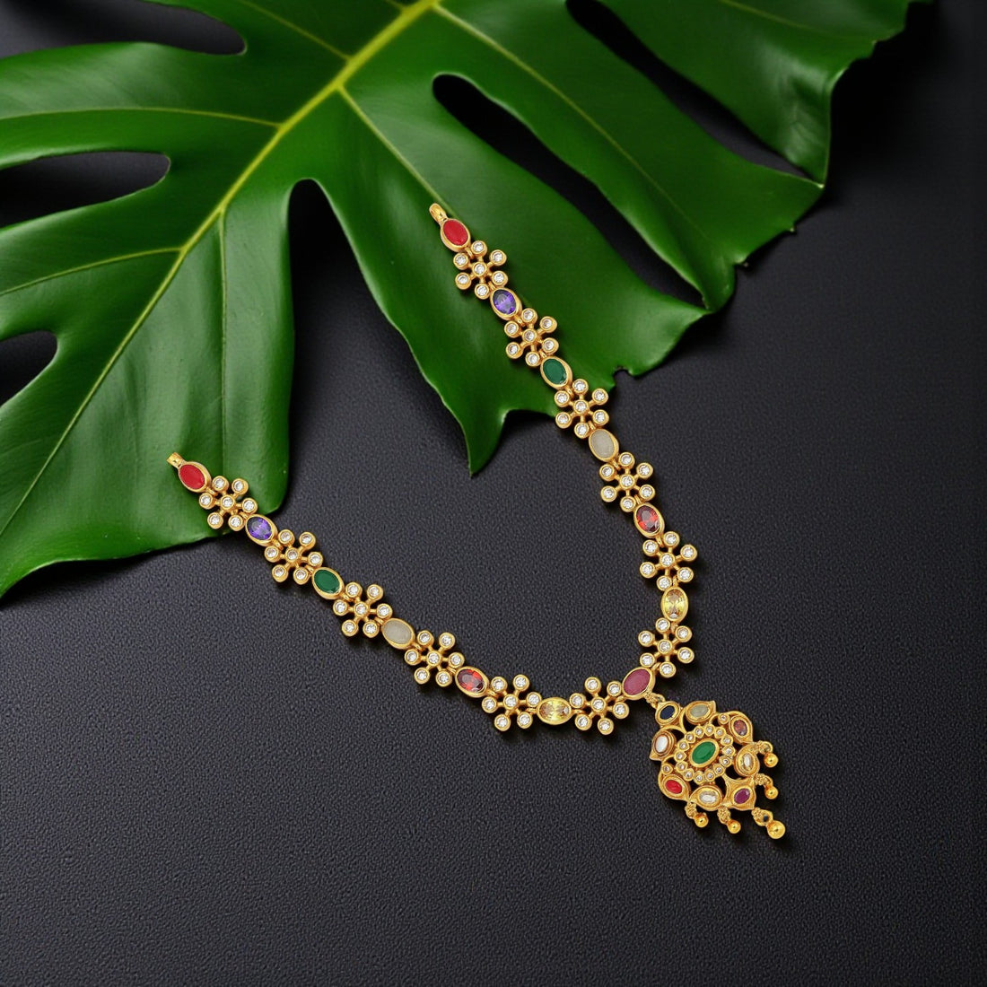 925 Sterling Silver Blooming Navaratna Beads Drop Necklace for women