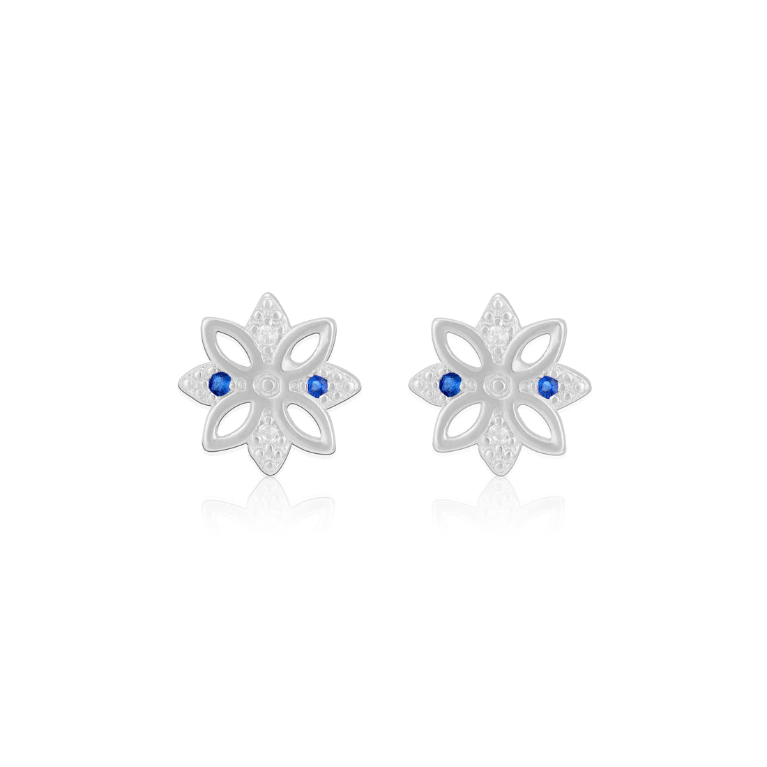 925 Sterling Silver Blue Aura Floral Spark Rhodium Plated Stud For Women