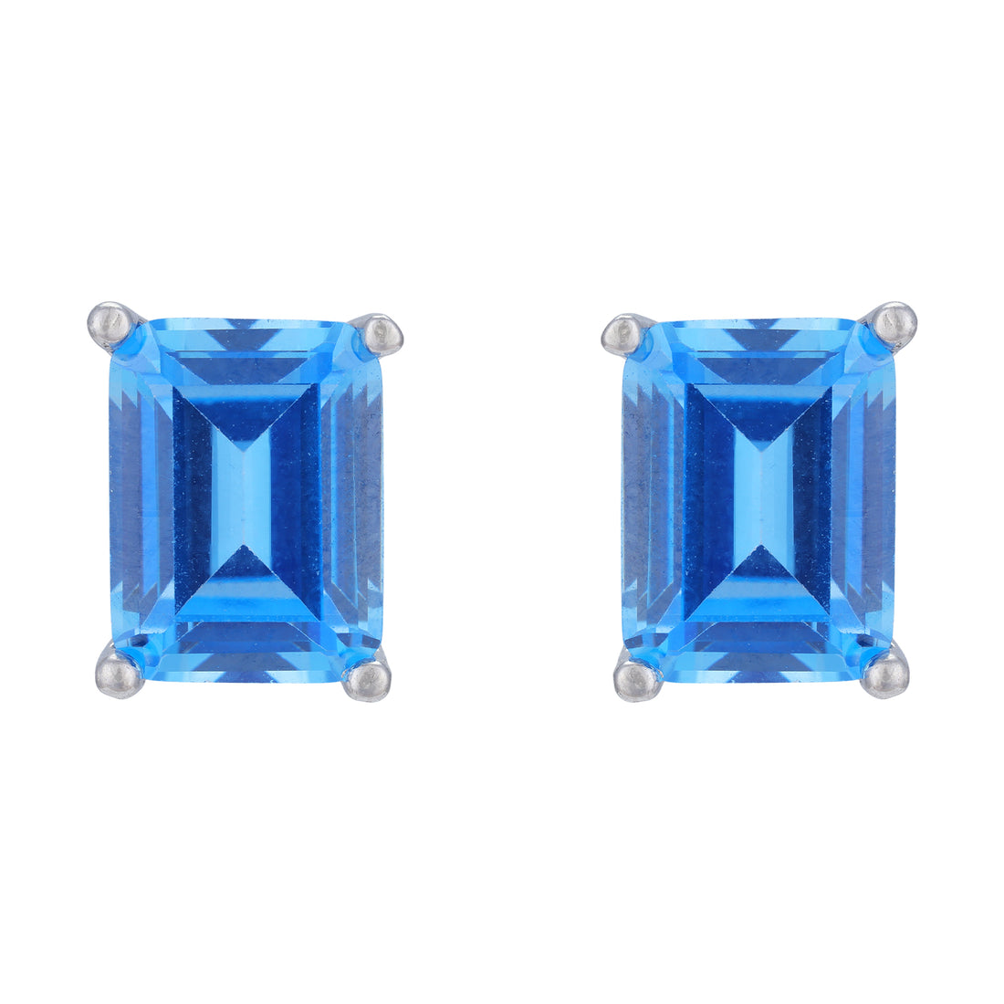 925 Sterling Silver Blue Blaze Emerald-Cut Rhodium Plated  Stud For Women
