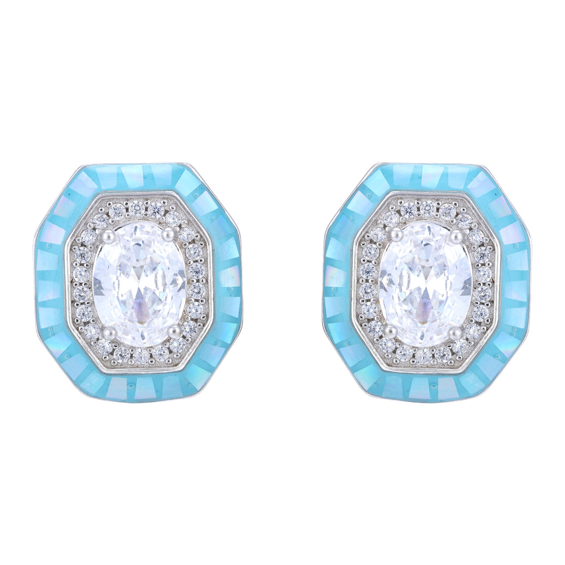 925 Sterling Silver Blue Edge Emerald-Cut Earring For Women