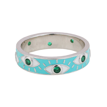 925 Sterling Silver Blue Enamel Evil Eye Rhodium Plated Rings for Women