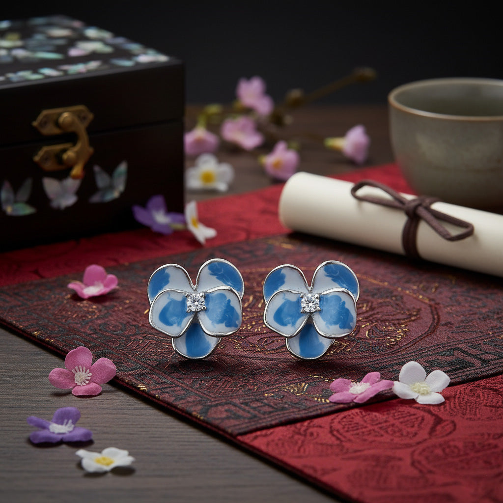 Blue flower-shaped earrings on a decorative mat with flowers and a tea cup in the background