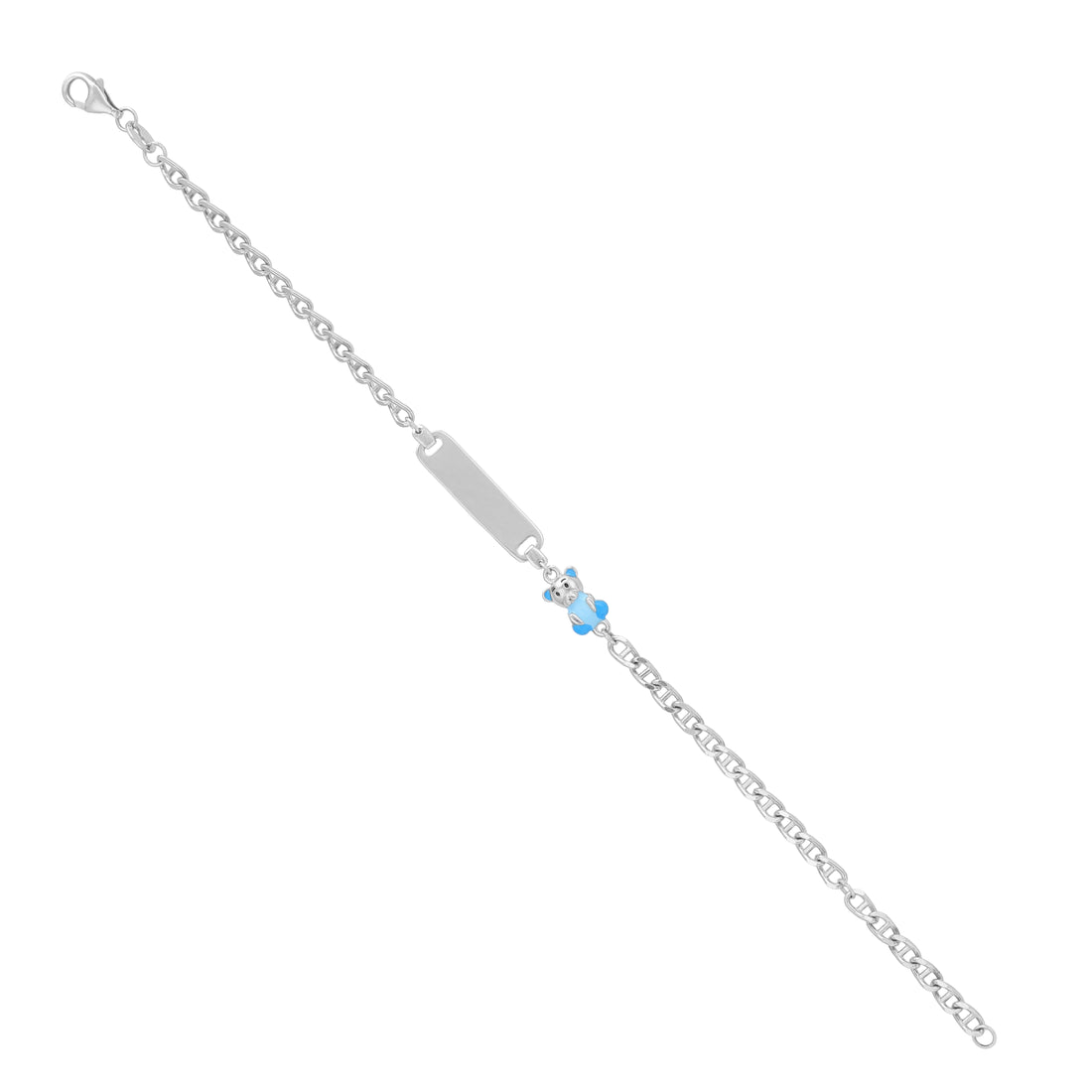 925 Sterling Silver Blue Teddy Bear Nameplate Bracelet for Women