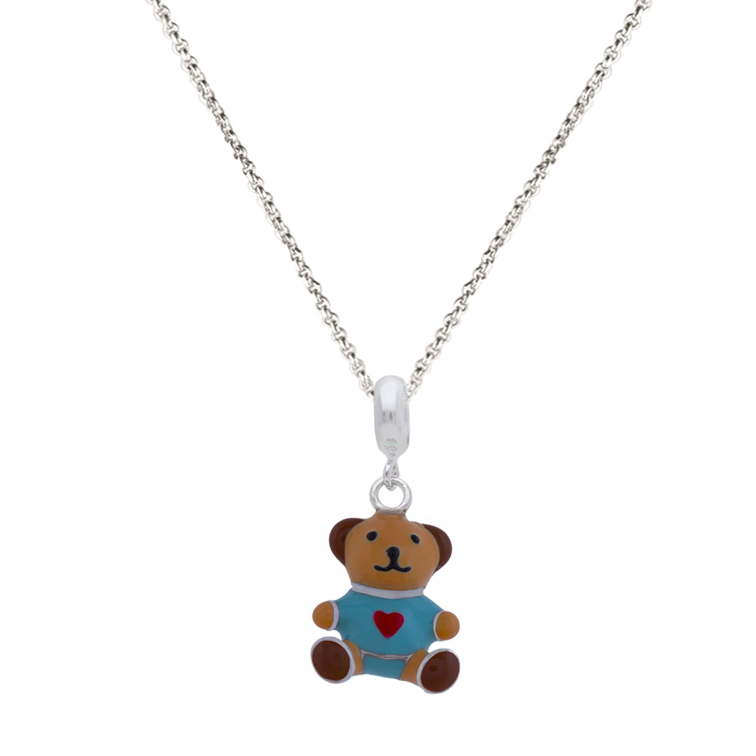 925 Sterling Silver Blue Teddy Bear Rhodium Plated Pendant For Kids