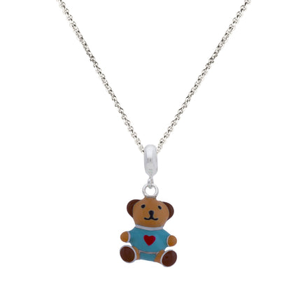 925 Sterling Silver Blue Teddy Bear Rhodium Plated Pendant For Kids