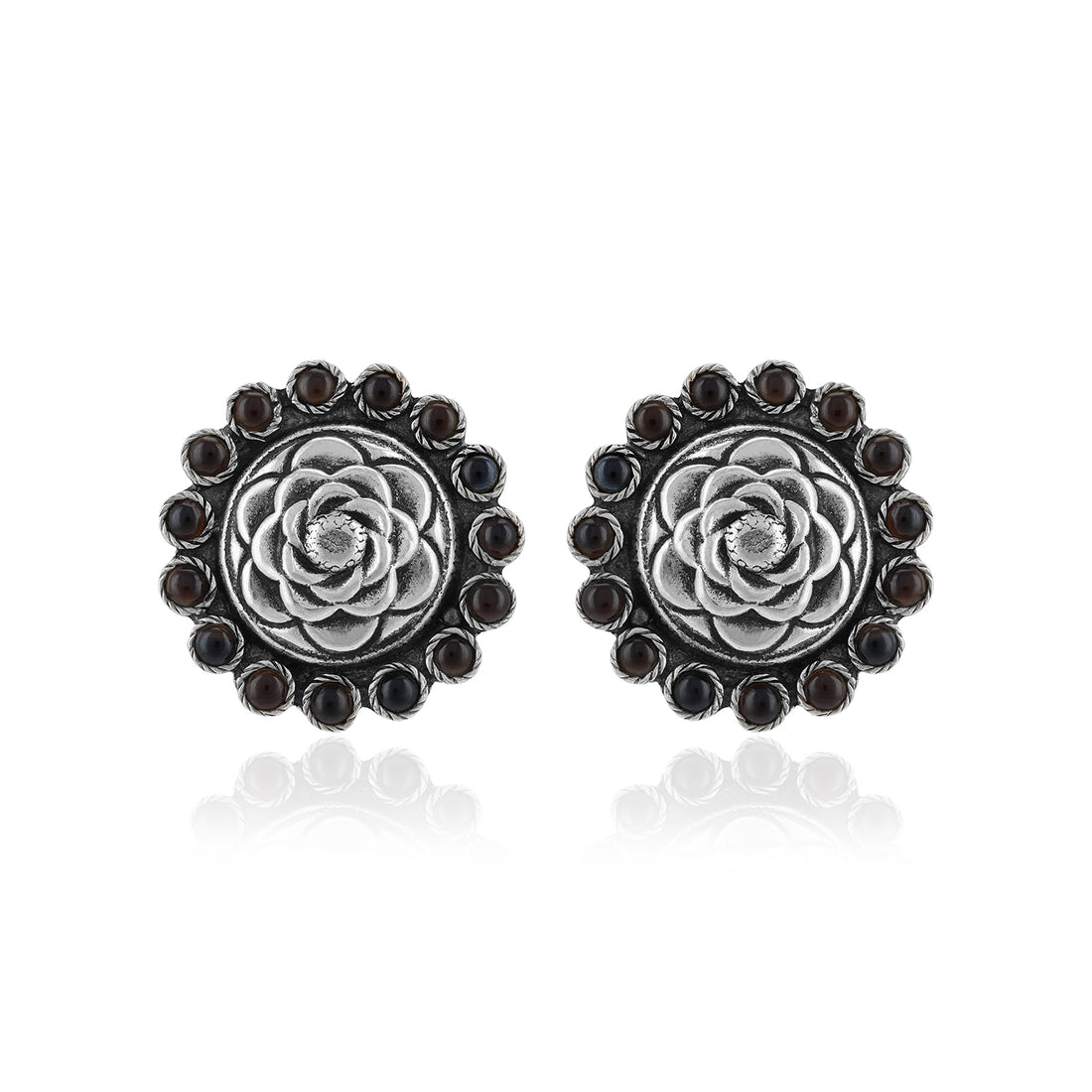 925 Sterling Silver Bold Lotus Beaded Edge Oxidised Earrings For Women