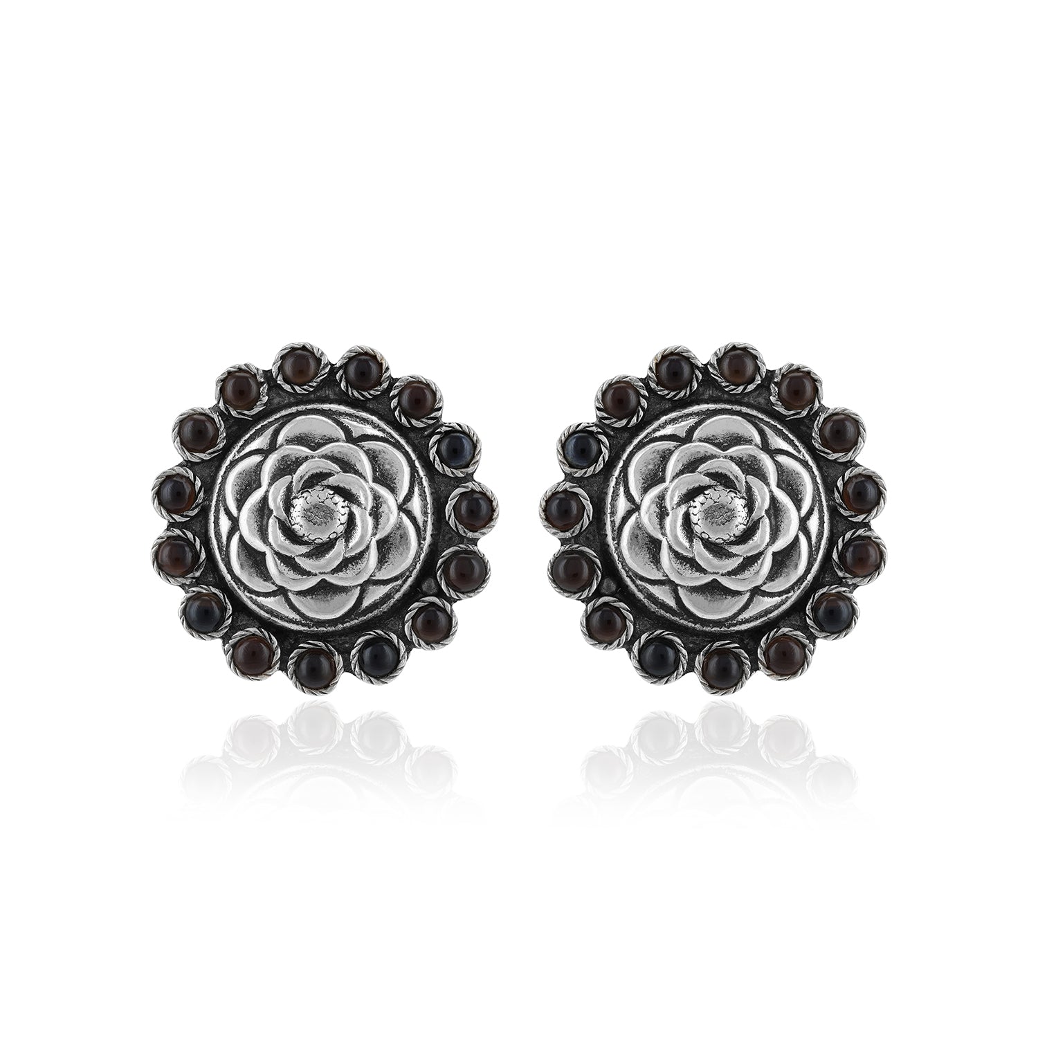 925 Sterling Silver Bold Lotus Beaded Edge Oxidised Earrings For Women