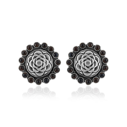 925 Sterling Silver Bold Lotus Beaded Edge Oxidised Earrings For Women
