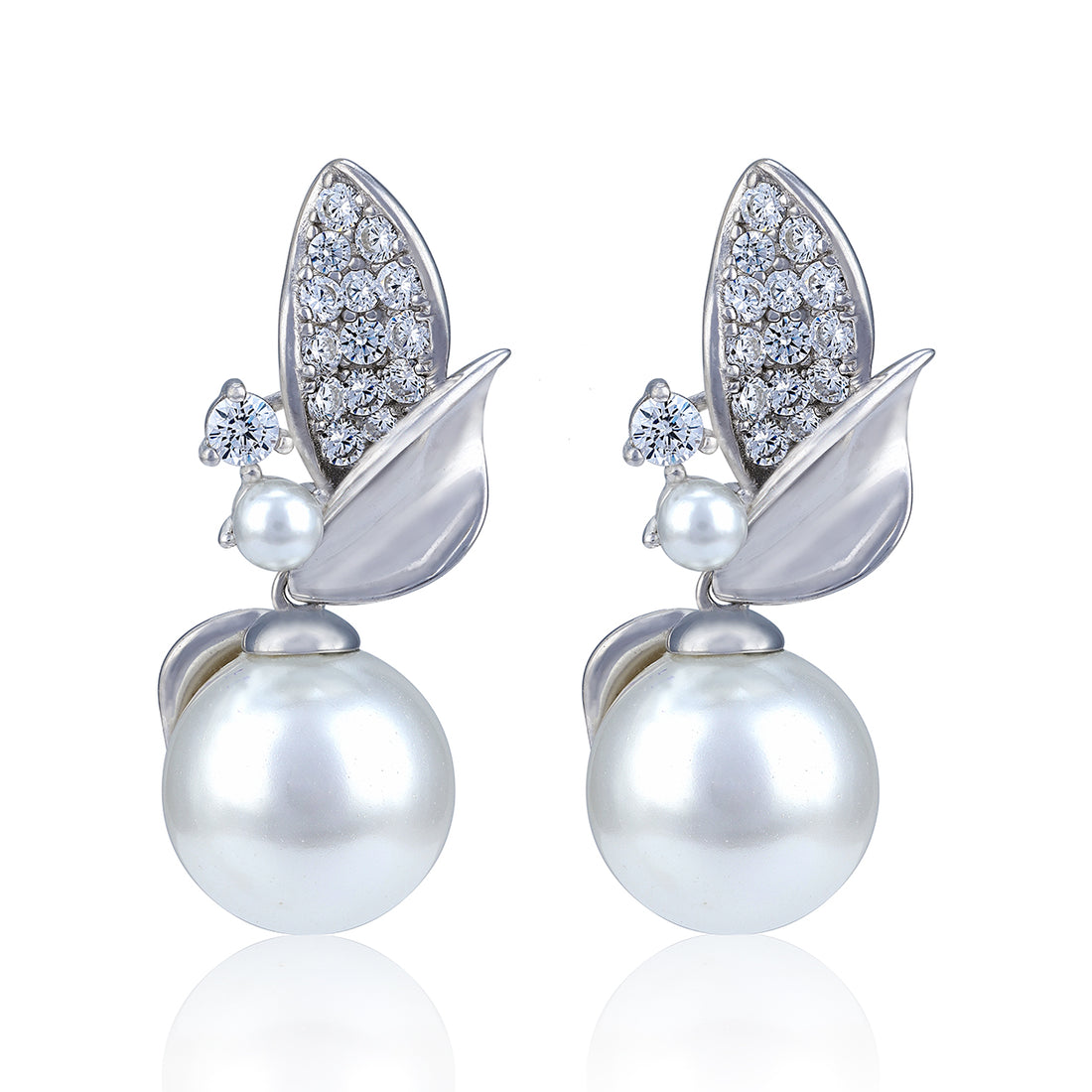 925 Sterling Silver Botanical Leaf Motif with Large Pearl Earring for Women