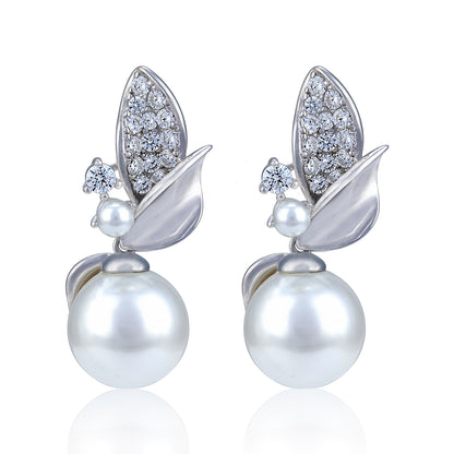 925 Sterling Silver Botanical Leaf Motif with Large Pearl Earring for Women