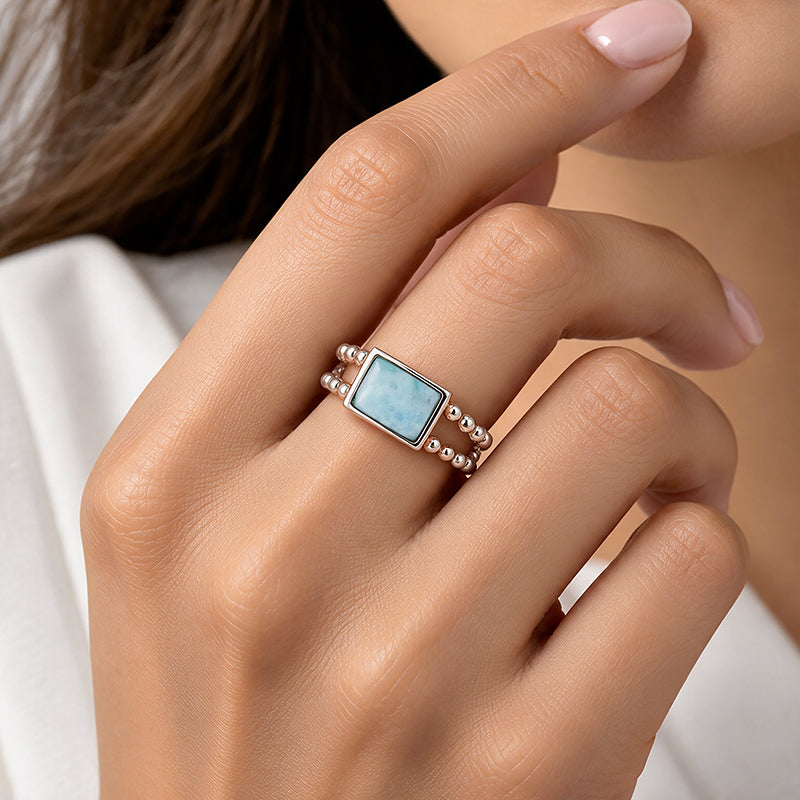 925 Sterling Silver Box-Cut Larimar  Beaded Shank Ring for Women