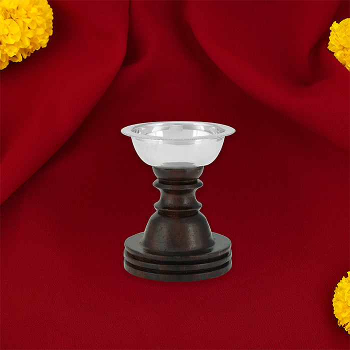 925 Sterling Silver Butter Lamp With Rosewood Stand For Prayers 