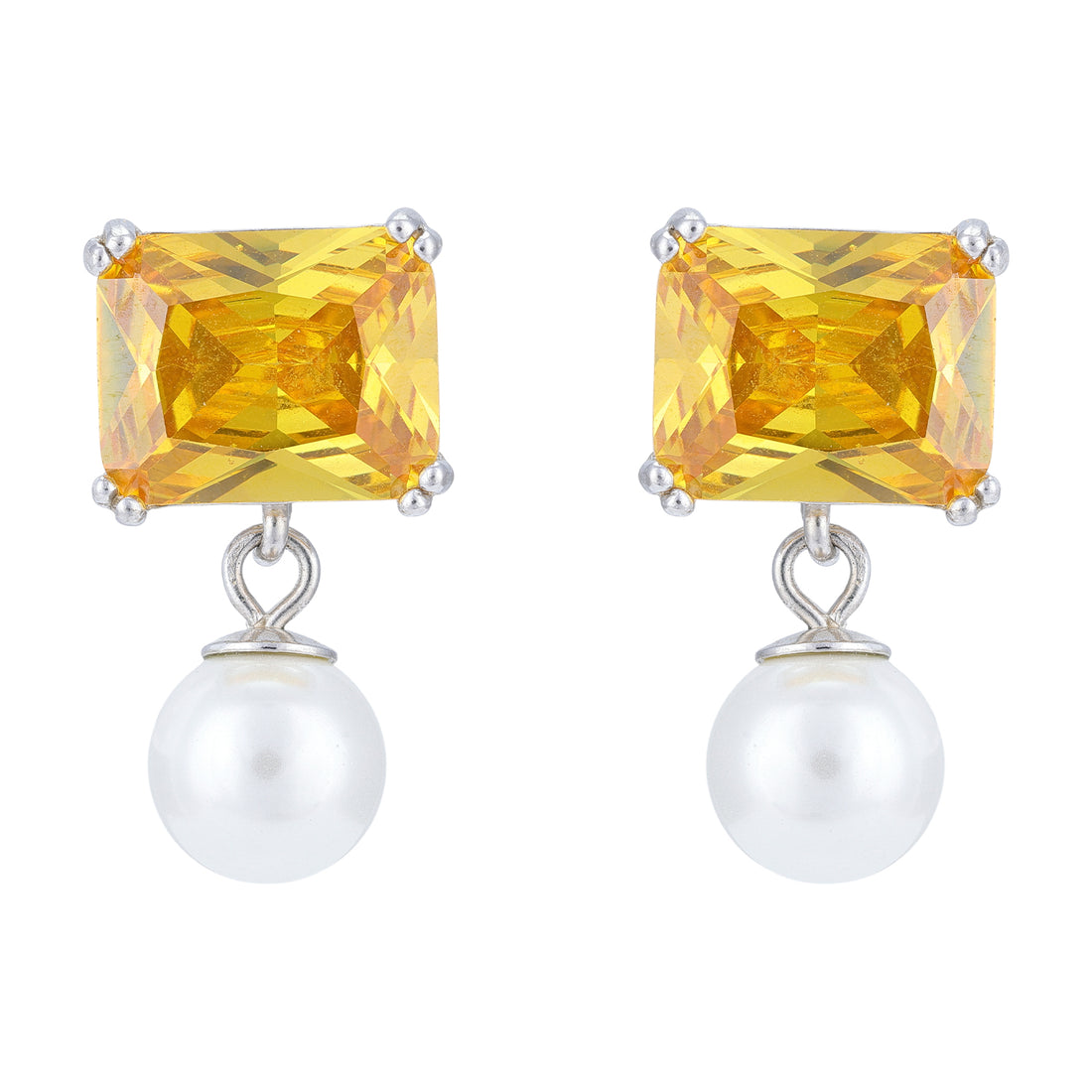 925 Sterling Silver Canary Shine Pearl Dangle Rhodium Plated Earrings For Women