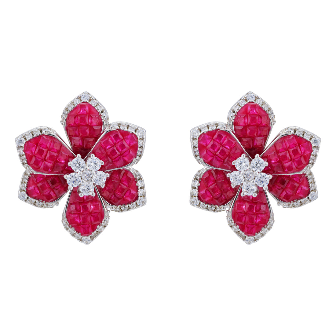 925 Sterling Silver Carved Ruby Petal Floral Stud Earring for Women