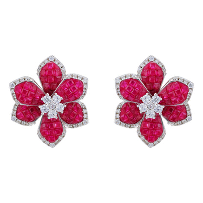 925 Sterling Silver Carved Ruby Petal Floral Stud Earring for Women
