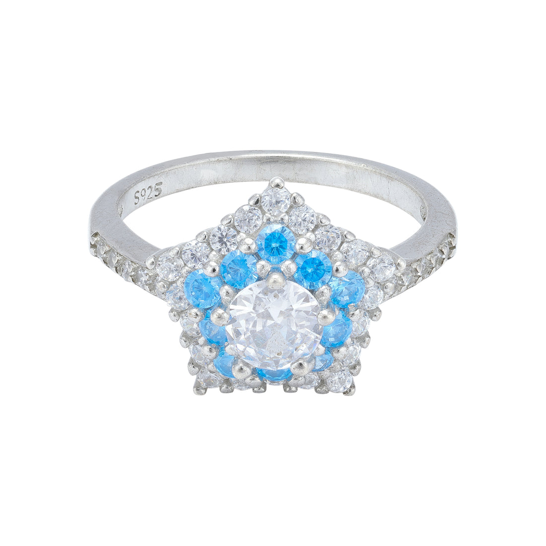 925 Sterling Silver Celestial Blue White Starburst Halo Ring for Women