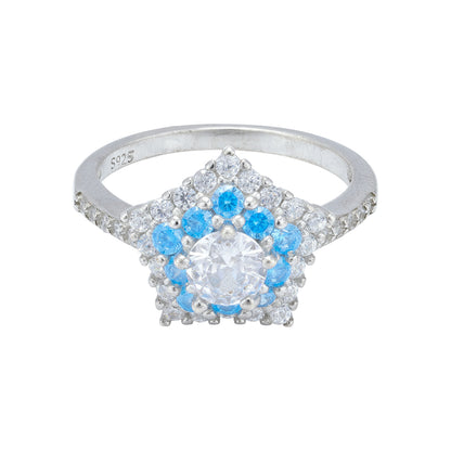 925 Sterling Silver Celestial Blue White Starburst Halo Ring for Women