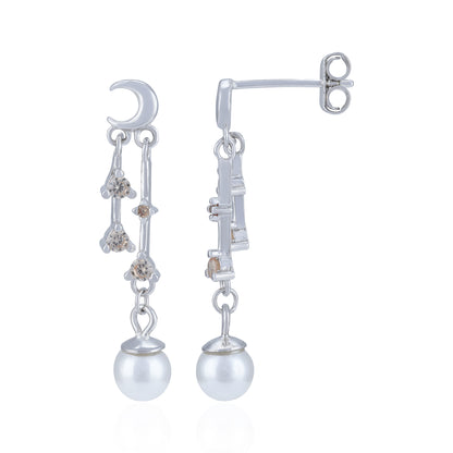 925 Sterling Silver Celestial Crystal Linked Pearl Drop Earring for Women