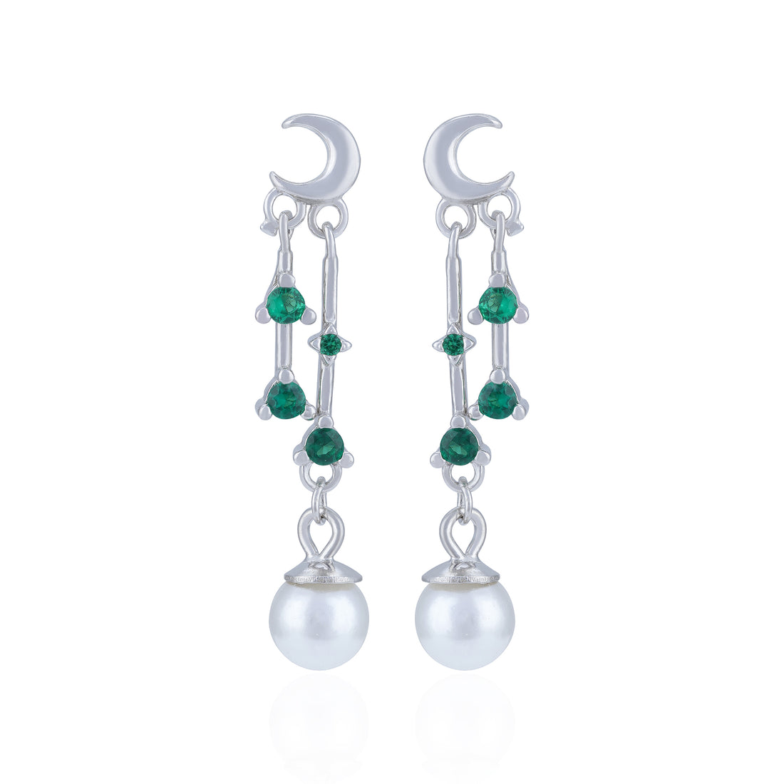 925 Sterling Silver Celestial Moon Emerald Linked Pearl Earring for Women