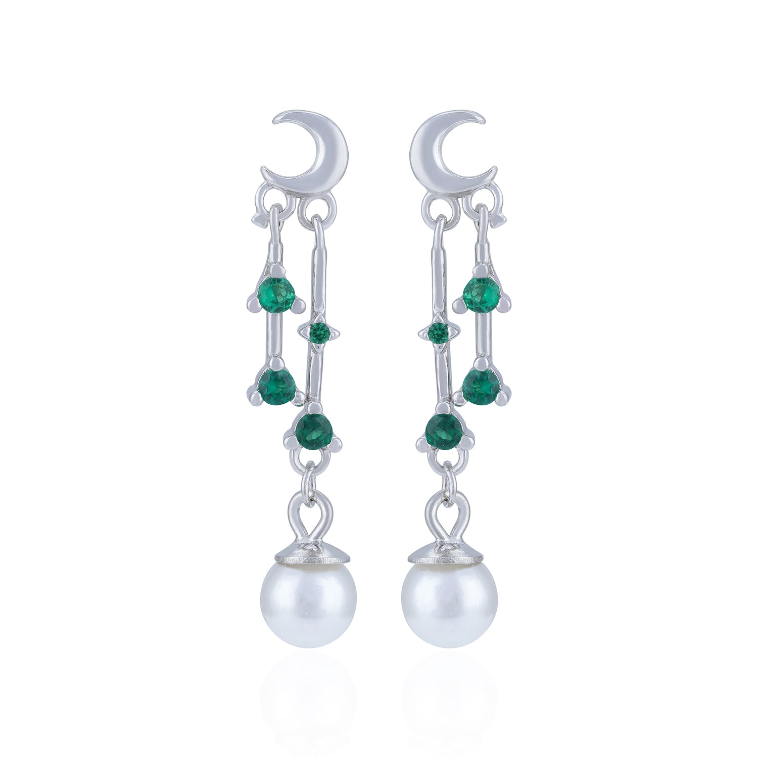 925 Sterling Silver Celestial Moon Emerald Linked Pearl Earring for Women