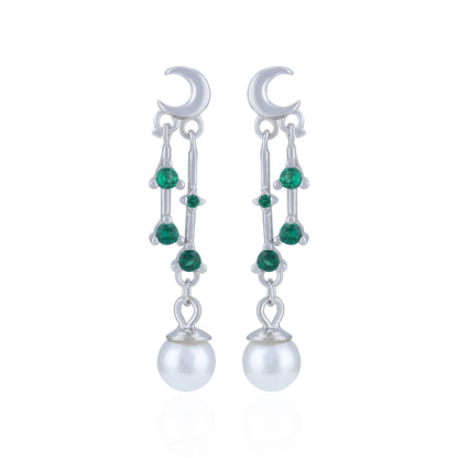 925 Sterling Silver Celestial Moon Emerald Linked Pearl Earring for Women