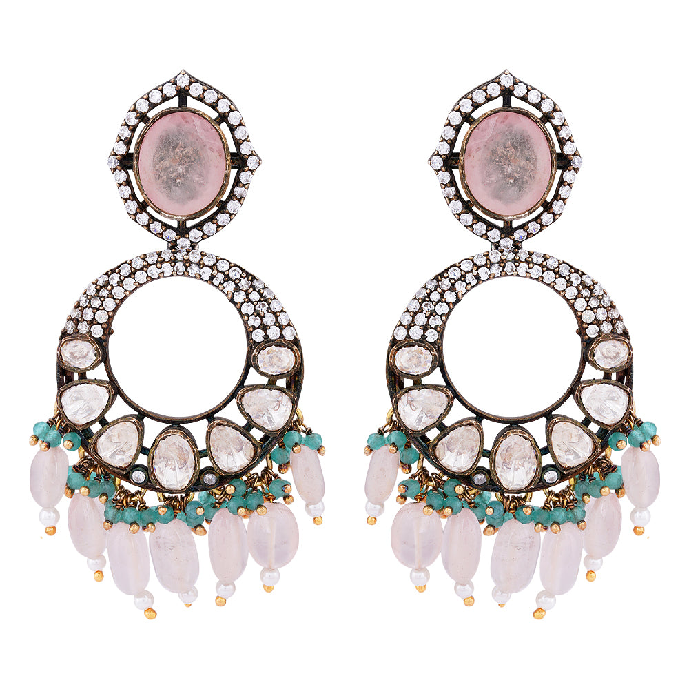 925 Sterling Silver Chandelier Two Tone Polki Earring