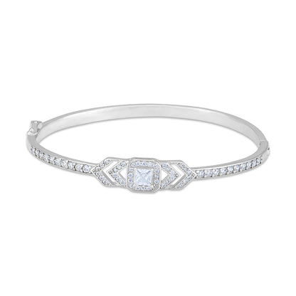925 Sterling Silver Chevron AccentSquare Solitaire Center Rhodium Plated Bracelet for Women