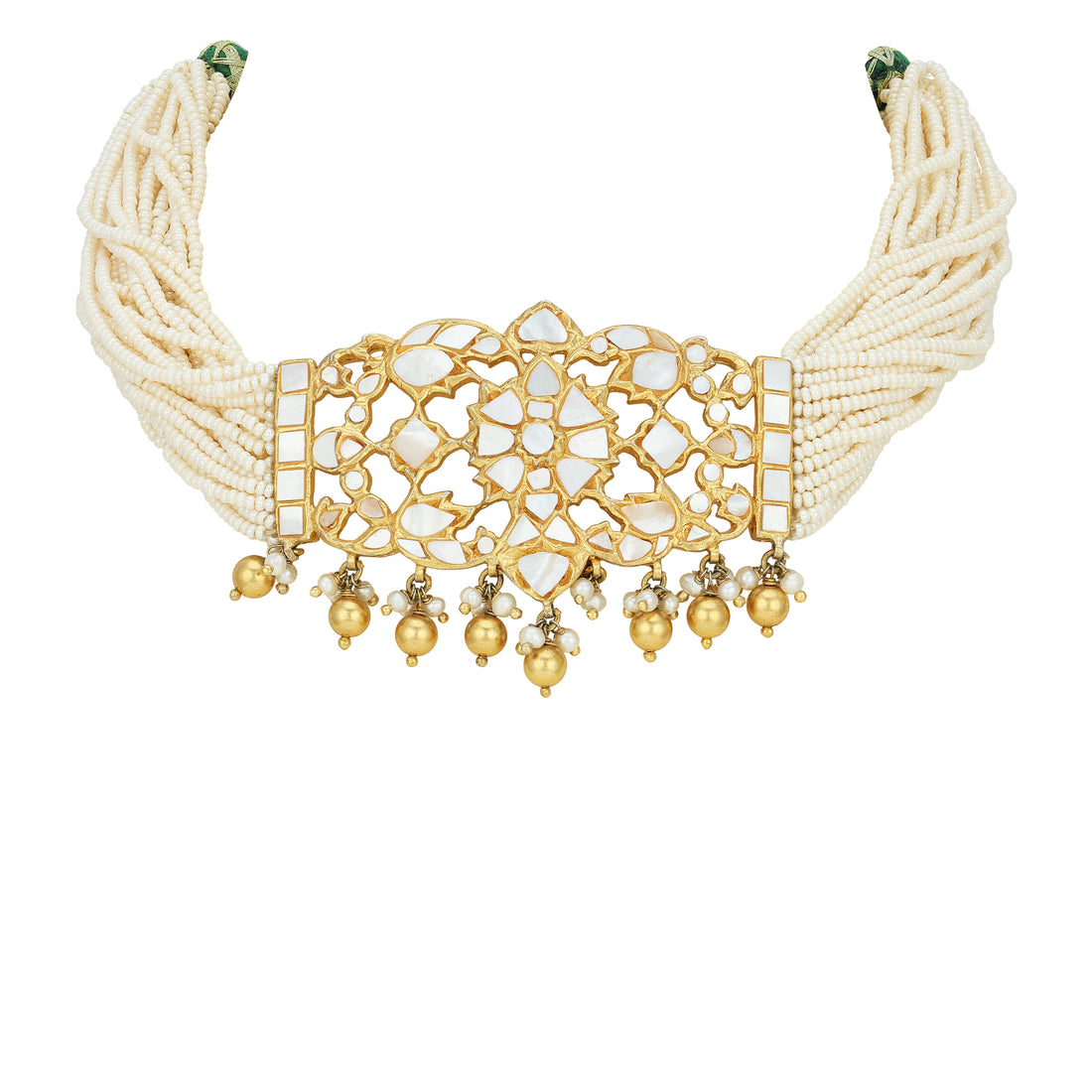 Chic Pearl Halo Kundan 925 Sterling Silver Necklace for Women with Multi-Strand Pearls