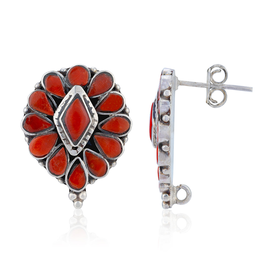 925 Sterling Silver Coral Floral Cluster Earrings for Women
