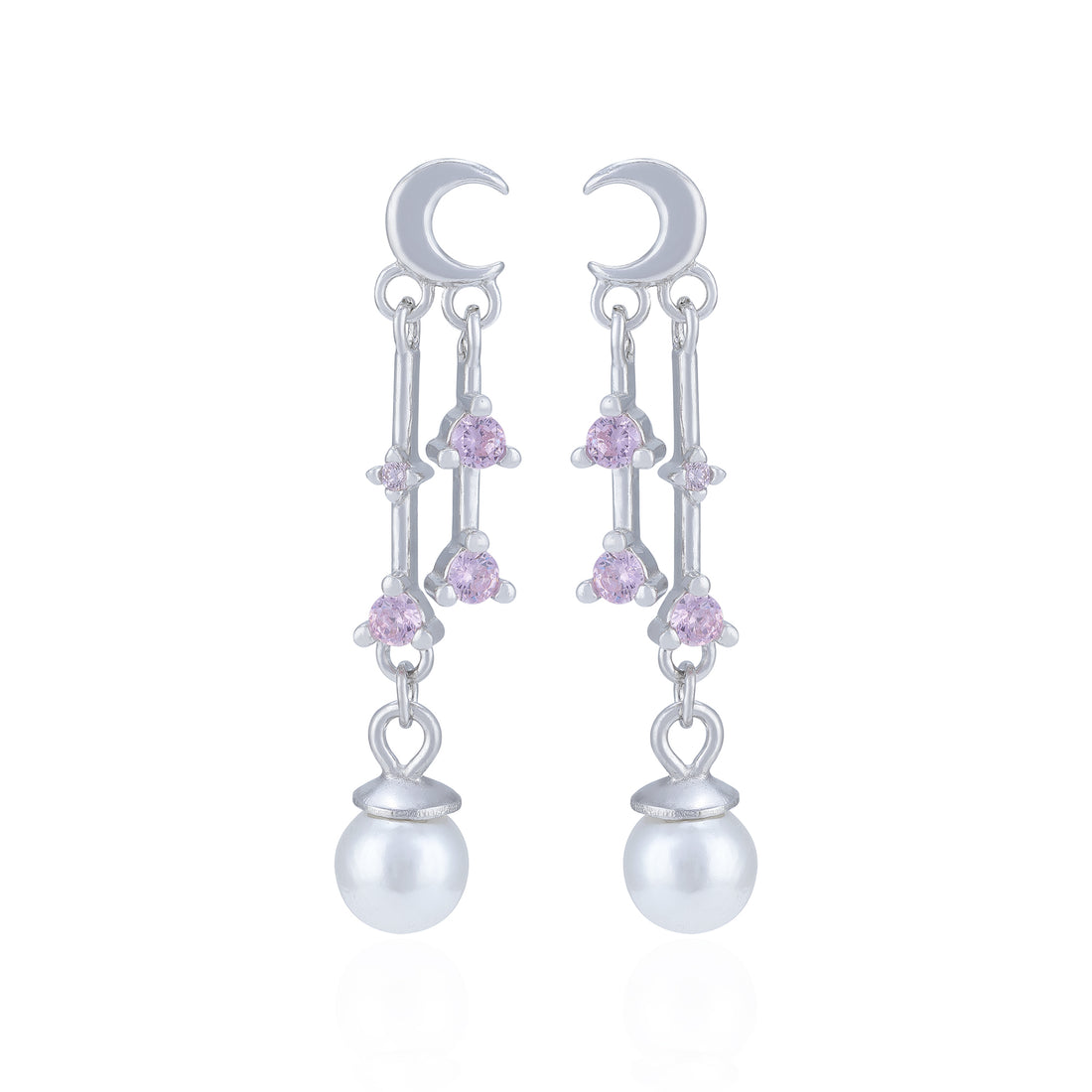 925 Sterling Silver Crescent Moon Pink Crystal Pearl Earring for Women