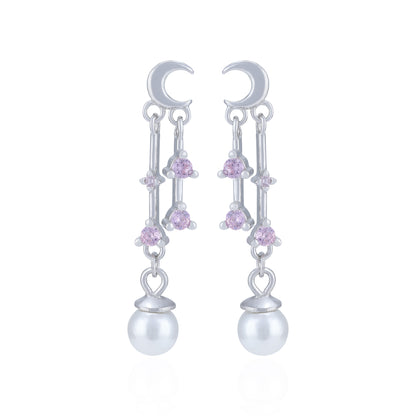 925 Sterling Silver Crescent Moon Pink Crystal Pearl Earring for Women