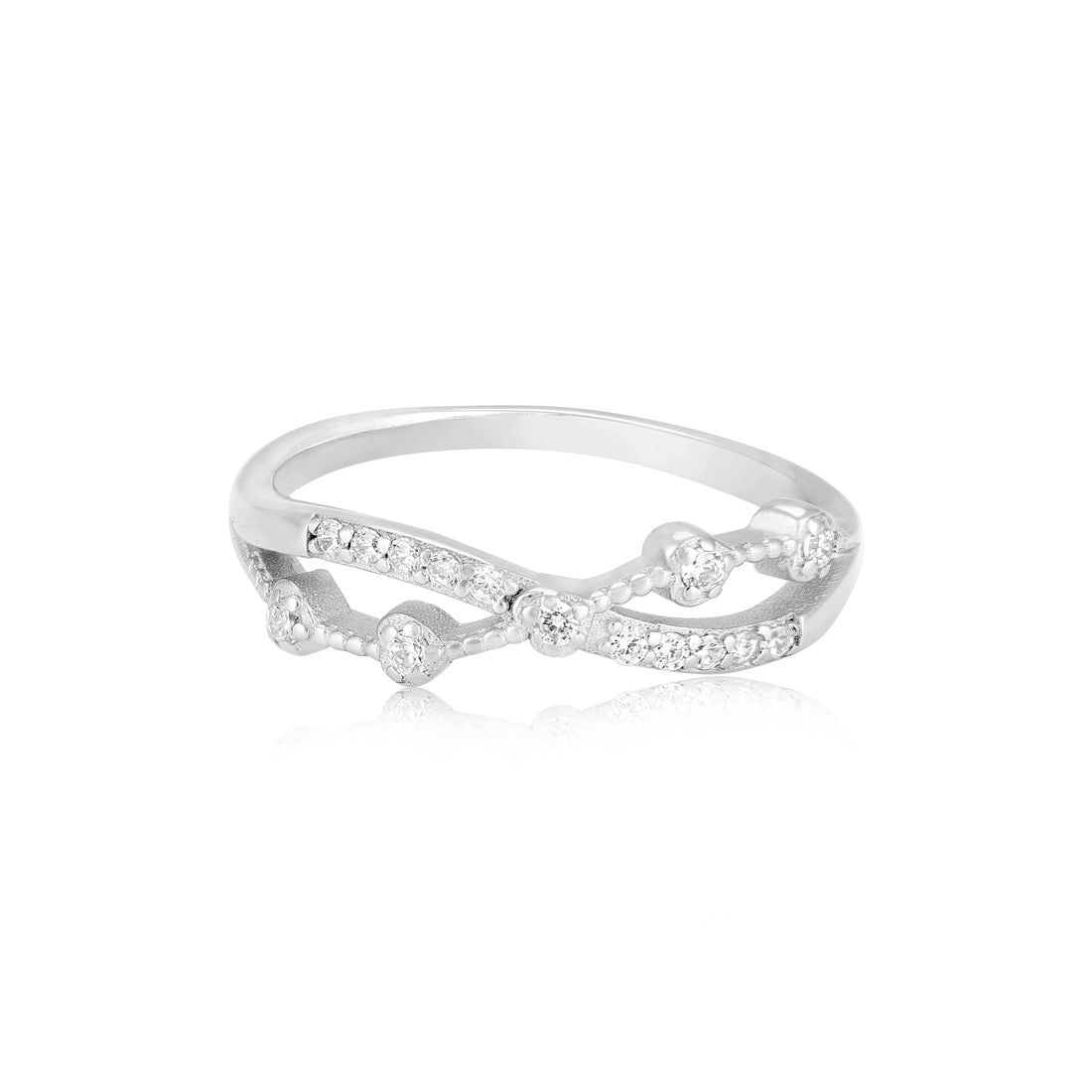 925 Sterling Silver Criss-Cross Dotted Sparkle Band Rhodium Plated Ring for Women